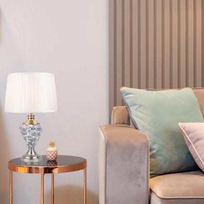Lighting Supermarket Hepburn Large Ceramic Table Lamp Ivory Pleated Shade Blue Printed Finish 58Cm - image 1