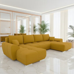 Logo U Shaped Corner Sofa Bed With Storage Reversible Mustard Velvet Upholstery Modern Design - thumbnail 1