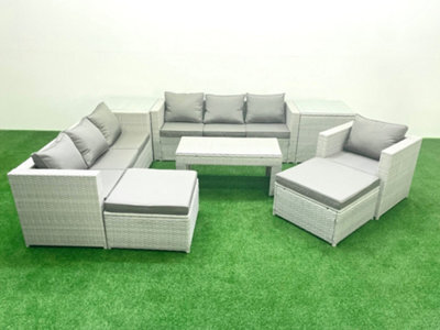 Fimous Wicker Pe Rattan Sofa Garden Furniture Set Oblong Coffee Table Armchair 2 Big Stools 2 Side Tables Light Grey - image 1