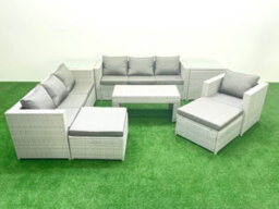 Fimous Wicker Pe Rattan Sofa Garden Furniture Set Oblong Coffee Table Armchair 2 Big Stools 2 Side Tables Light Grey - thumbnail 2