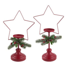 Living And Home Set Of 2 Red Star Shape Christmas Iron Candle Holders With Pine Berry Decor For Table Centerpiece - thumbnail 4