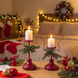 Living And Home Set Of 2 Red Star Shape Christmas Iron Candle Holders With Pine Berry Decor For Table Centerpiece - thumbnail 3