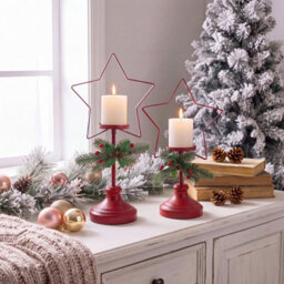 Living And Home Set Of 2 Red Star Shape Christmas Iron Candle Holders With Pine Berry Decor For Table Centerpiece - thumbnail 2