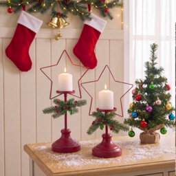 Living And Home Set Of 2 Red Star Shape Christmas Iron Candle Holders With Pine Berry Decor For Table Centerpiece - thumbnail 1