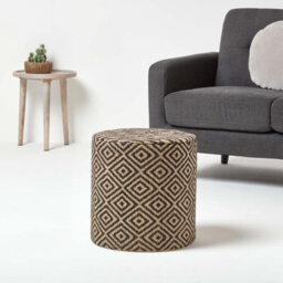 Homescapes Jute Round Pouffe Black And Off-White Herringbone Pattern, 40 X 40 X 42 Cm - thumbnail 2