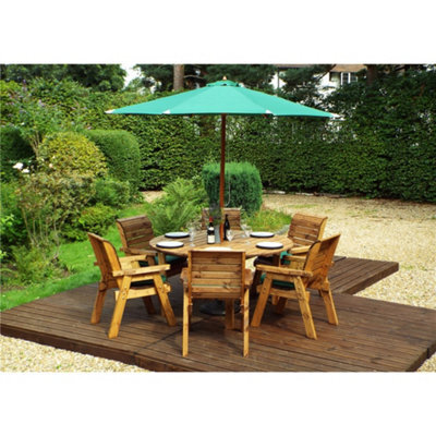 Marlborough Traditional Six Seater Circular Table Set With 6 X Green Chair Cushion 1 X Green Parasol & Base & Cushion Storage Bag - image 1