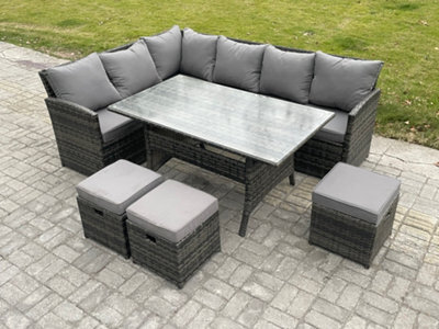Fimous Outdoor Rattan Garden Furniture Corner Sofa Set With Rectangular Dining Table 3 Small Footstools Patio Wicker Rattan Set - image 1