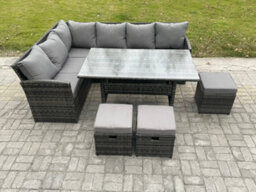 Fimous Outdoor Rattan Garden Furniture Corner Sofa Set With Rectangular Dining Table 3 Small Footstools Patio Wicker Rattan Set - thumbnail 2