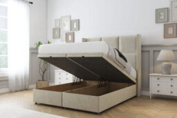 "Comfort Charlie Cream Plush Ottoman Bed Base With 54"" Wingback Headboard 4'6 Double" - thumbnail 2