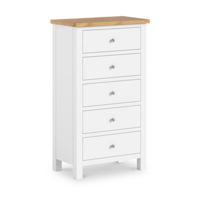 Farro White Xl 5 Drawer Tallboy Chest Fully Assembled - Painted With Oak Top By Roseland Furniture - image 1