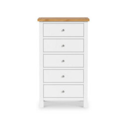 Farro White Xl 5 Drawer Tallboy Chest Fully Assembled - Painted With Oak Top By Roseland Furniture - thumbnail 4
