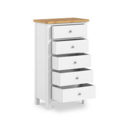 Farro White Xl 5 Drawer Tallboy Chest Fully Assembled - Painted With Oak Top By Roseland Furniture - thumbnail 5