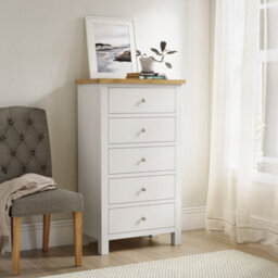 Farro White Xl 5 Drawer Tallboy Chest Fully Assembled - Painted With Oak Top By Roseland Furniture - thumbnail 3