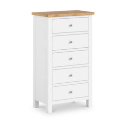 Farro White Xl 5 Drawer Tallboy Chest Fully Assembled - Painted With Oak Top By Roseland Furniture