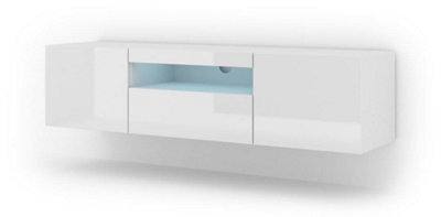 Arte Aura Modern Tv Cabinet 150Cm In White Gloss With Blue Led Lighting - W1500mm X H36-420mm X D370mm - image 1