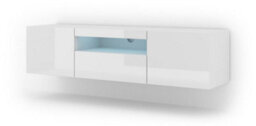Arte Aura Modern Tv Cabinet 150Cm In White Gloss With Blue Led Lighting - W1500mm X H36-420mm X D370mm