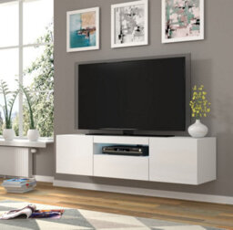 Arte Aura Modern Tv Cabinet 150Cm In White Gloss With Blue Led Lighting - W1500mm X H36-420mm X D370mm - thumbnail 2