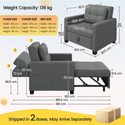 Yaheetech 3-In-1 Convertible Sleeper Sofa Bed Chair Light Grey - thumbnail 4
