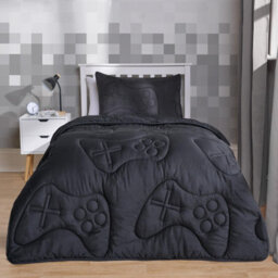OHS Gaming Duvet Coverless Quilted 7.5 Tog Cover Pillowcase Set, Black - Double - thumbnail 1