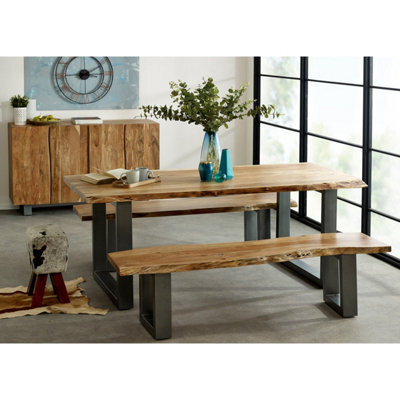 Large Dining Bench Wooden Live Edge With Grey Metal Legs - image 1
