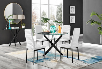 Furniturebox Novara Clear Tempered Glass 100Cm Round Dining Table With Black Starburst Legs & 4 White Milan Faux Leather Chairs - image 1