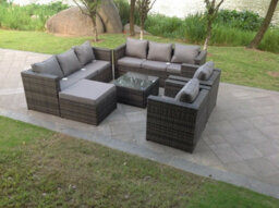 Fimous 9 Seater Dark Grey Mixed Rattan Garden Furniture Set Modular Sofa Set Lounges Table Chair - thumbnail 7