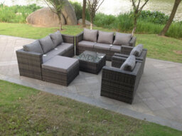 Fimous 9 Seater Dark Grey Mixed Rattan Garden Furniture Set Modular Sofa Set Lounges Table Chair - thumbnail 2