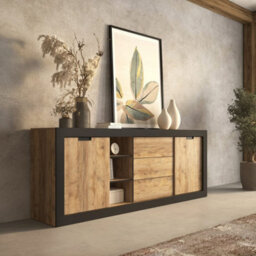 Arte Tudor 25 Sideboard Cabinet 220Cm - Oak Sandal & Black Wide Sideboard For Modern Living Room Storage