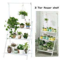 Living And Home 3 Tier  White Foldable Wooden Hanging Plant Stand Shelves Flower Pot Display Shelf Adjustable Height 144Cm - thumbnail 2