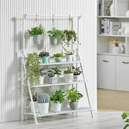 Living And Home 3 Tier  White Foldable Wooden Hanging Plant Stand Shelves Flower Pot Display Shelf Adjustable Height 144Cm