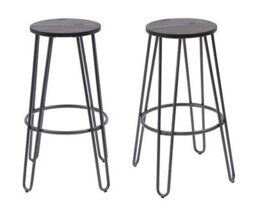 MMT Funiture Designs mmt High Chair Bar Stools, Set Of 2, Grey Steel Legs & Elm Seat, Rustic Design, - thumbnail 1