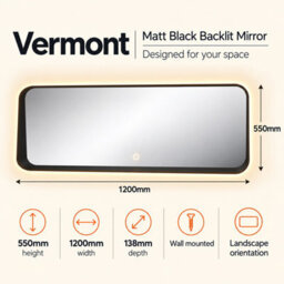Plum&clay Vermont Led Backlit Bathroom Mirror Illuminated Black Mirror With Demister Pad (H)550mm (W)1200mm - thumbnail 7
