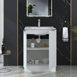 Royal Bathrooms Evora 600mm Matt White Fluted Floor Standing Bathroom Vanity Unit 2 Door Cabinet Storage With Ceramic Basin - 1 Tap Hole - thumbnail 3