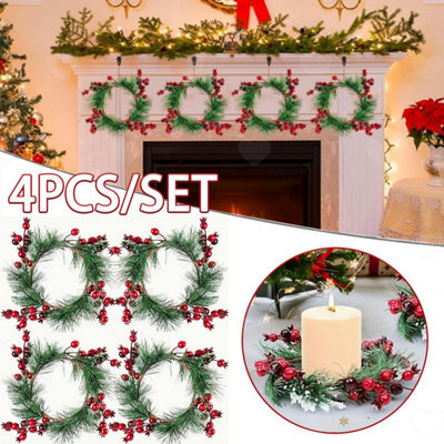 Amorly 4Pcs 10In Winter Berry Candle Ring Wreaths, Snowy Pine Needle Red Berry Mini Wreaths Festive Decor For Pillar Candles Centrepieces - image 1