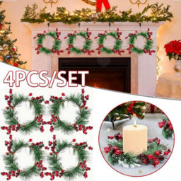 Amorly 4Pcs 10In Winter Berry Candle Ring Wreaths, Snowy Pine Needle Red Berry Mini Wreaths Festive Decor For Pillar Candles Centrepieces - thumbnail 1
