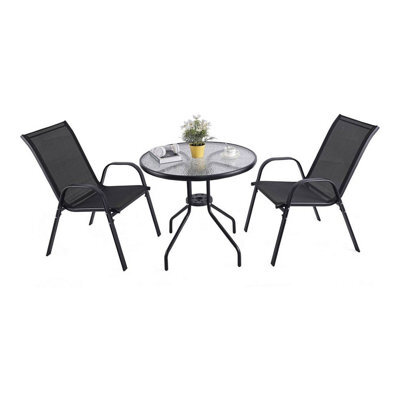 Urbn-Living Urbnliving 3 Piece Garden Bistro Set Round Glass Table & 2 Chairs Outdoor Patio Balcony Furniture - Black - image 1