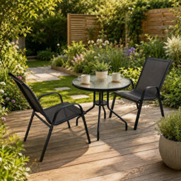 Urbn-Living Urbnliving 3 Piece Garden Bistro Set Round Glass Table & 2 Chairs Outdoor Patio Balcony Furniture - Black - thumbnail 3