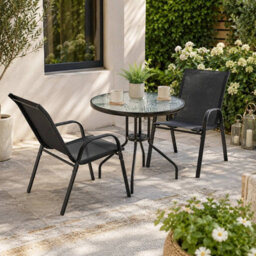 Urbn-Living Urbnliving 3 Piece Garden Bistro Set Round Glass Table & 2 Chairs Outdoor Patio Balcony Furniture - Black - thumbnail 2
