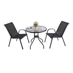 Urbn-Living Urbnliving 3 Piece Garden Bistro Set Round Glass Table & 2 Chairs Outdoor Patio Balcony Furniture - Black - thumbnail 1