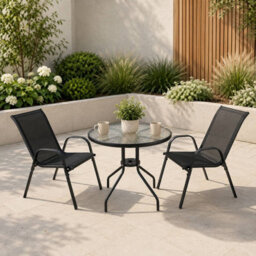 Urbn-Living Urbnliving 3 Piece Garden Bistro Set Round Glass Table & 2 Chairs Outdoor Patio Balcony Furniture - Black - thumbnail 5