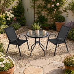 Urbn-Living Urbnliving 3 Piece Garden Bistro Set Round Glass Table & 2 Chairs Outdoor Patio Balcony Furniture - Black - thumbnail 4