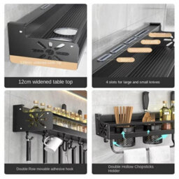 Wall Mounted Kitchen Utensils Pan Pot Hanging Rail Rack 10 Hooks Hanger Shelf - thumbnail 4