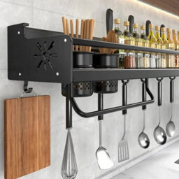 Wall Mounted Kitchen Utensils Pan Pot Hanging Rail Rack 10 Hooks Hanger Shelf - thumbnail 3