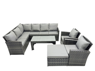Fimous 9 Seat Poly Rattan Outdoor Patio Oblong Coffee Table Corner Sofa Set With Big Stool 2 Chairs For Backyard Dark Grey Mixed - image 1
