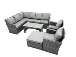 Fimous 9 Seat Poly Rattan Outdoor Patio Oblong Coffee Table Corner Sofa Set With Big Stool 2 Chairs For Backyard Dark Grey Mixed - thumbnail 2