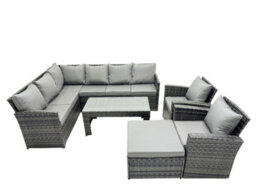 Fimous 9 Seat Poly Rattan Outdoor Patio Oblong Coffee Table Corner Sofa Set With Big Stool 2 Chairs For Backyard Dark Grey Mixed - thumbnail 1