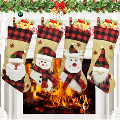 Amorly 4Pcs Burlap Plaid Christmas Stockings, 3D Santa, Deer Snowman Motifs, Decorative Hanging Sacks For Family Christmas Gifting - image 1