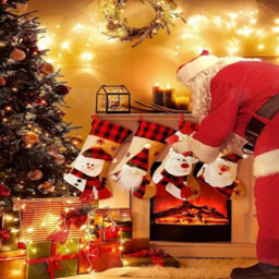 Amorly 4Pcs Burlap Plaid Christmas Stockings, 3D Santa, Deer Snowman Motifs, Decorative Hanging Sacks For Family Christmas Gifting - thumbnail 3