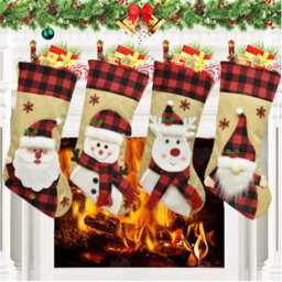 Amorly 4Pcs Burlap Plaid Christmas Stockings, 3D Santa, Deer Snowman Motifs, Decorative Hanging Sacks For Family Christmas Gifting - thumbnail 1