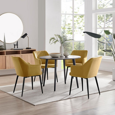 Furniturebox Uk Koko Walnut Effect Round Dining Table & 4 Mustard Calla Black Leg Chairs